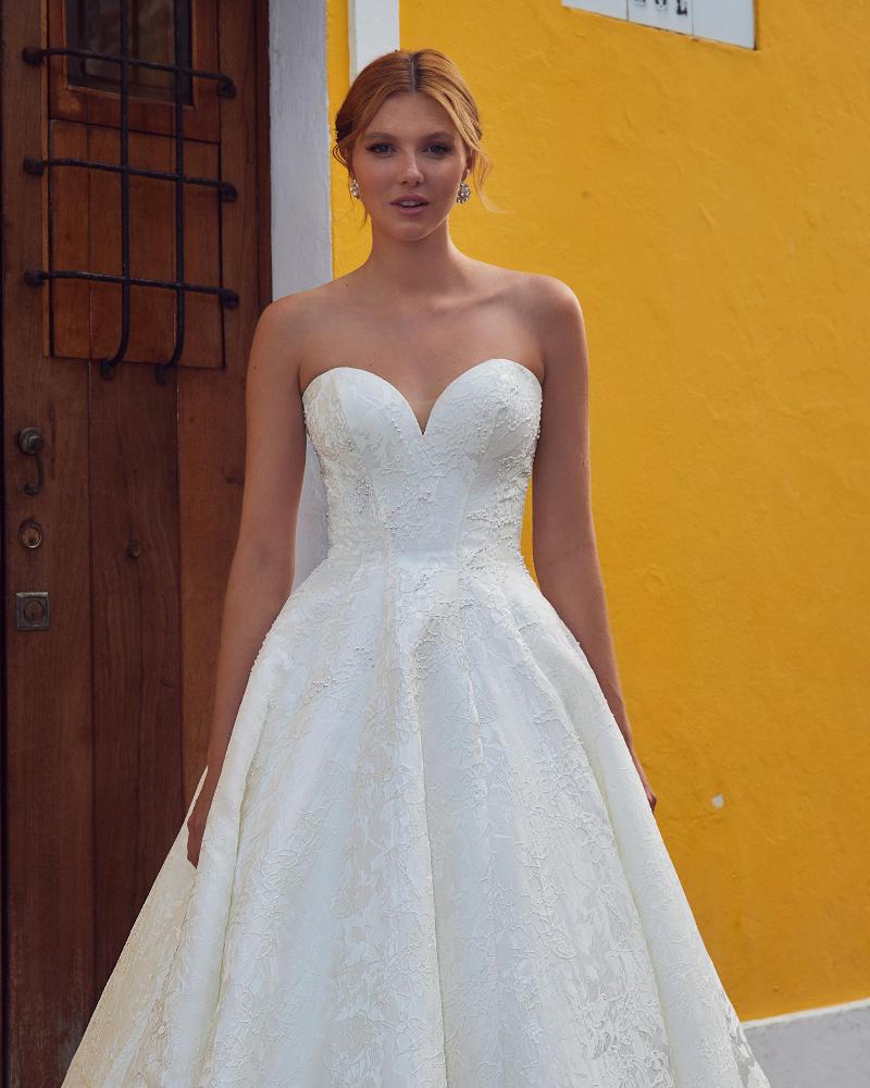 La23112 strapless satin ball gown wedding dress with pockets4